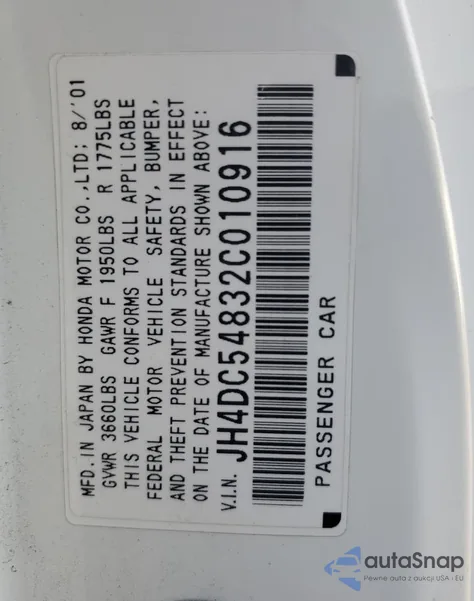 2002 Acura Rsx из США, поврежденный, VIN JH4DC54832C010916